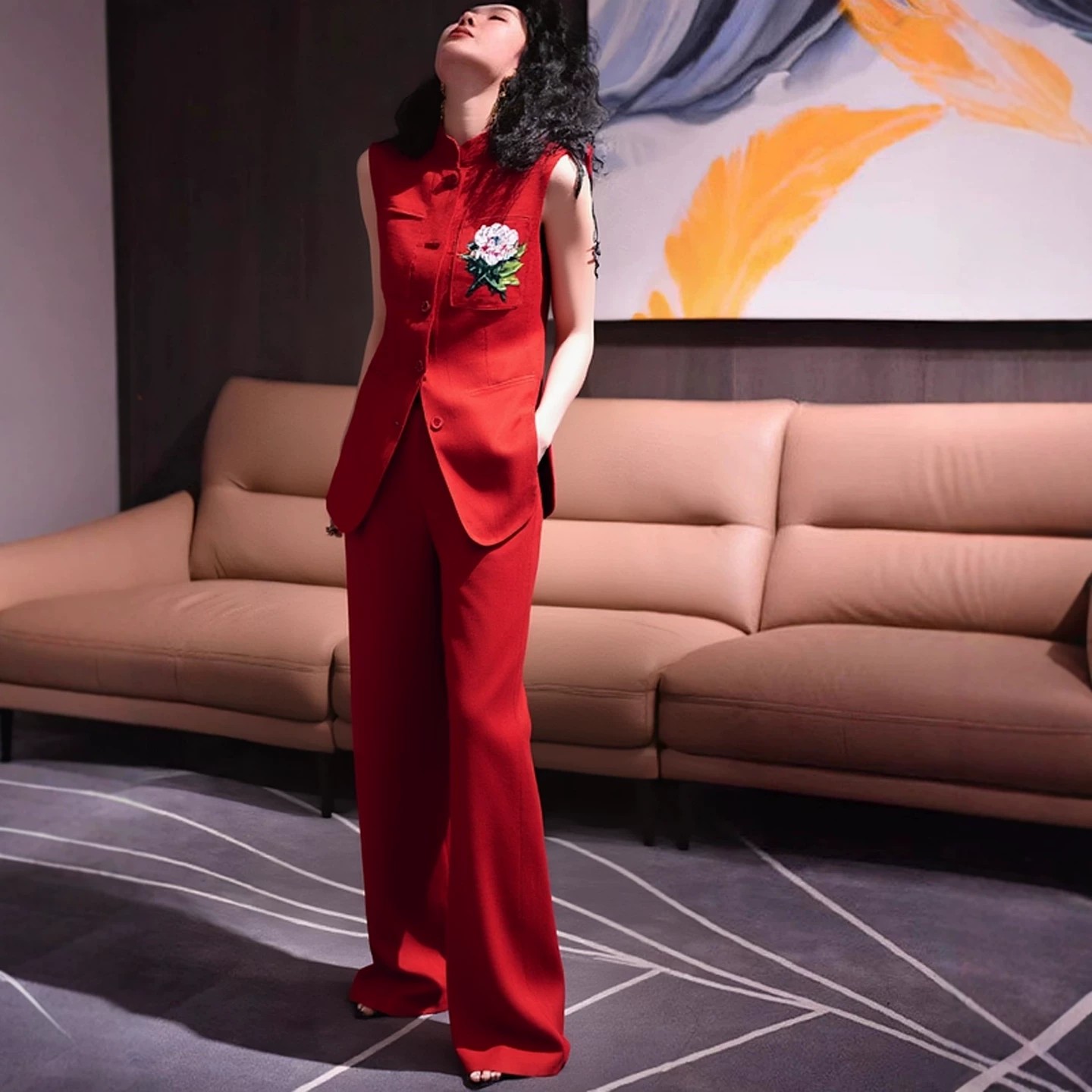 新中式国风装女设计感纯色重工订花马甲阔腿裤休闲两件套时尚洋气