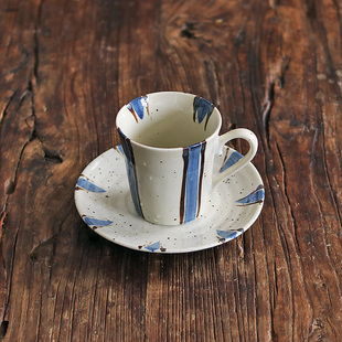 日本进口 复古精致蓝十草咖啡杯碟套装 高级陶瓷手作陶制下午茶杯