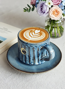 日本原装进口 手工信乐烧蓝色直线咖啡杯茶杯 日式复古陶杯碟套
