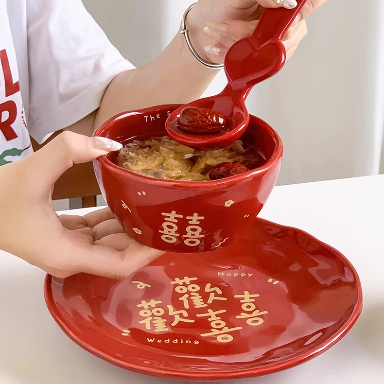 陶瓷手办餐具套装家用陶瓷结婚喜碗红色喜庆碗盘子礼品碗碟碗筷碗