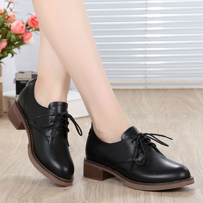 2018春秋牛皮真皮中跟皮鞋女士深口女单鞋粗跟软底女鞋系带休闲鞋