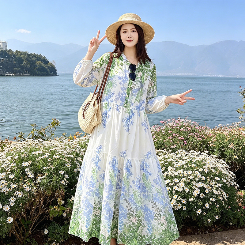 夏季新款文艺渐变棉绸连衣裙女宽松长袖大摆裙度假风遮肉洋气长裙