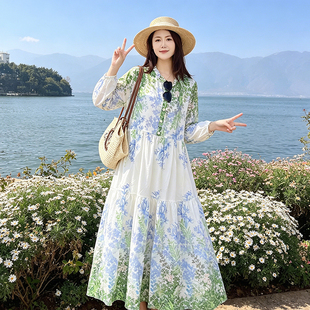 夏季新款文艺渐变棉绸连衣裙女宽松长袖大摆裙度假风遮肉洋气长裙