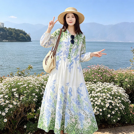 夏季新款文艺渐变棉绸连衣裙女宽松长袖大摆裙度假风遮肉洋气长裙