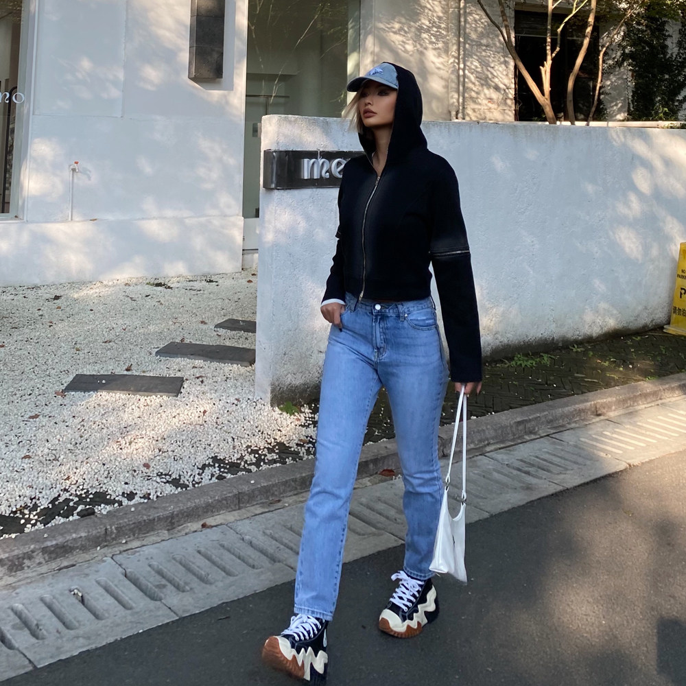 四季百搭街头cleanfit水洗磨白做旧破洞修身百搭锥形九分牛仔裤女