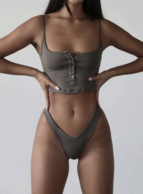 韩国BD同款夏季INS辣妹百搭单排扣多变露背短款露脐纯色吊带背心