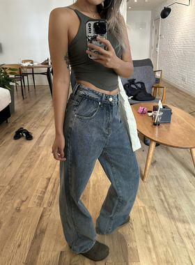 美式街头bella风格做旧vintage水洗超百搭高腰直筒工装牛仔长裤女