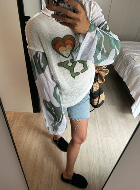 OPEN 24春季新款爱心印花拼接材质随身款长袖T恤休闲百搭罩衫上衣
