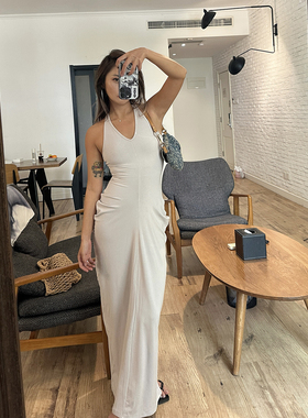 2024春夏欧美ins辣妹性感修身收腰显瘦深V领无袖长款背心连衣裙