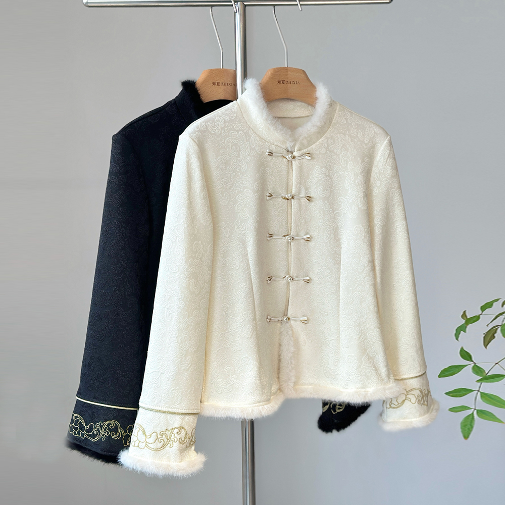 新中式加绒加厚对襟盘扣打底衫女冬国风保暖内搭宽松长袖刺绣上衣