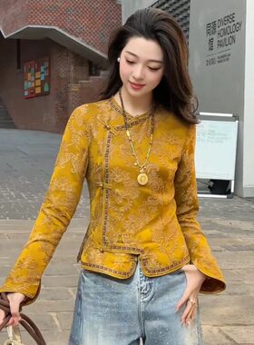 新中式黄色提花短外套2026春秋斜襟设计感气质国风显瘦长袖上衣女