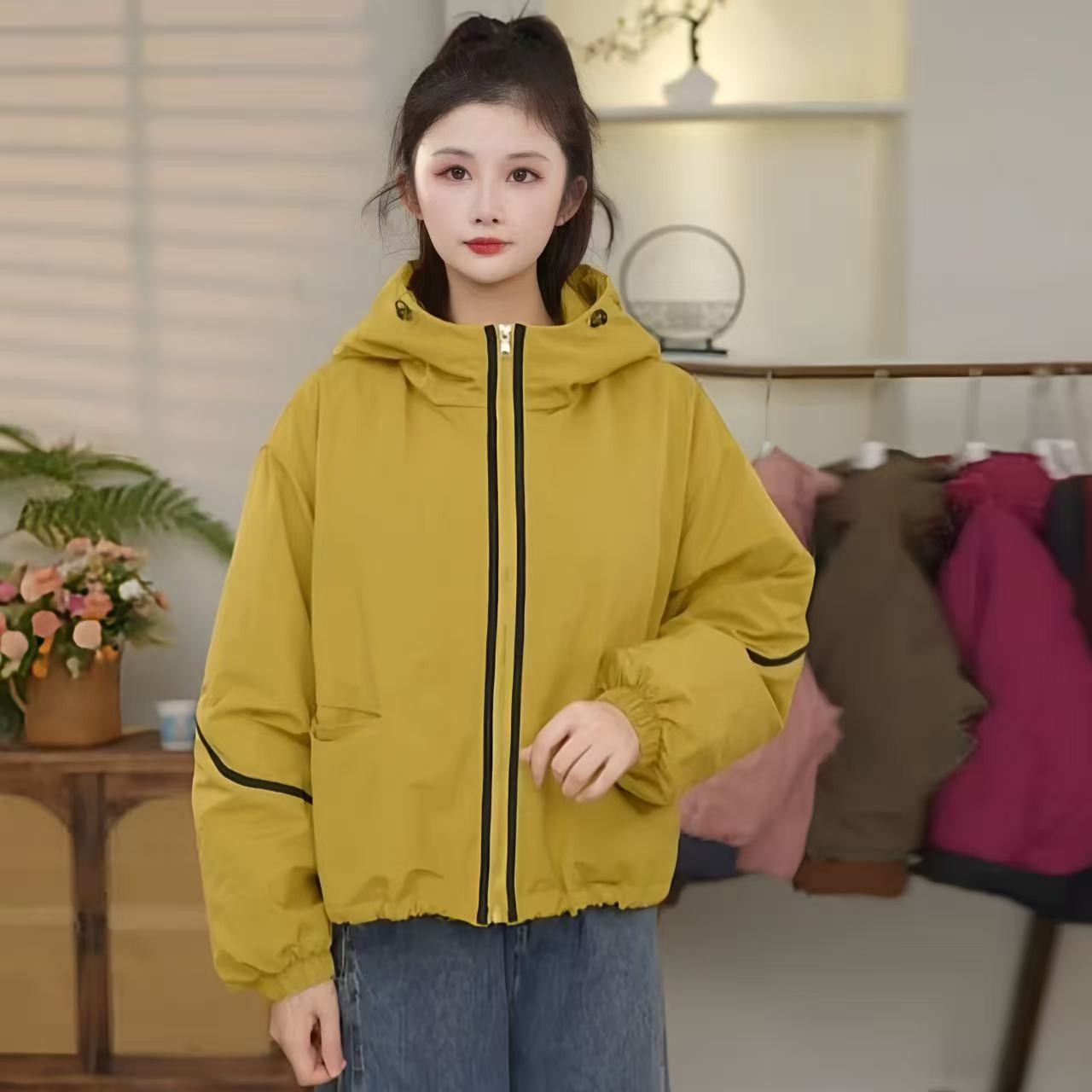 时尚休闲洋气棉服女2025秋冬新款宽松显瘦百搭拼接连帽棉衣外套潮