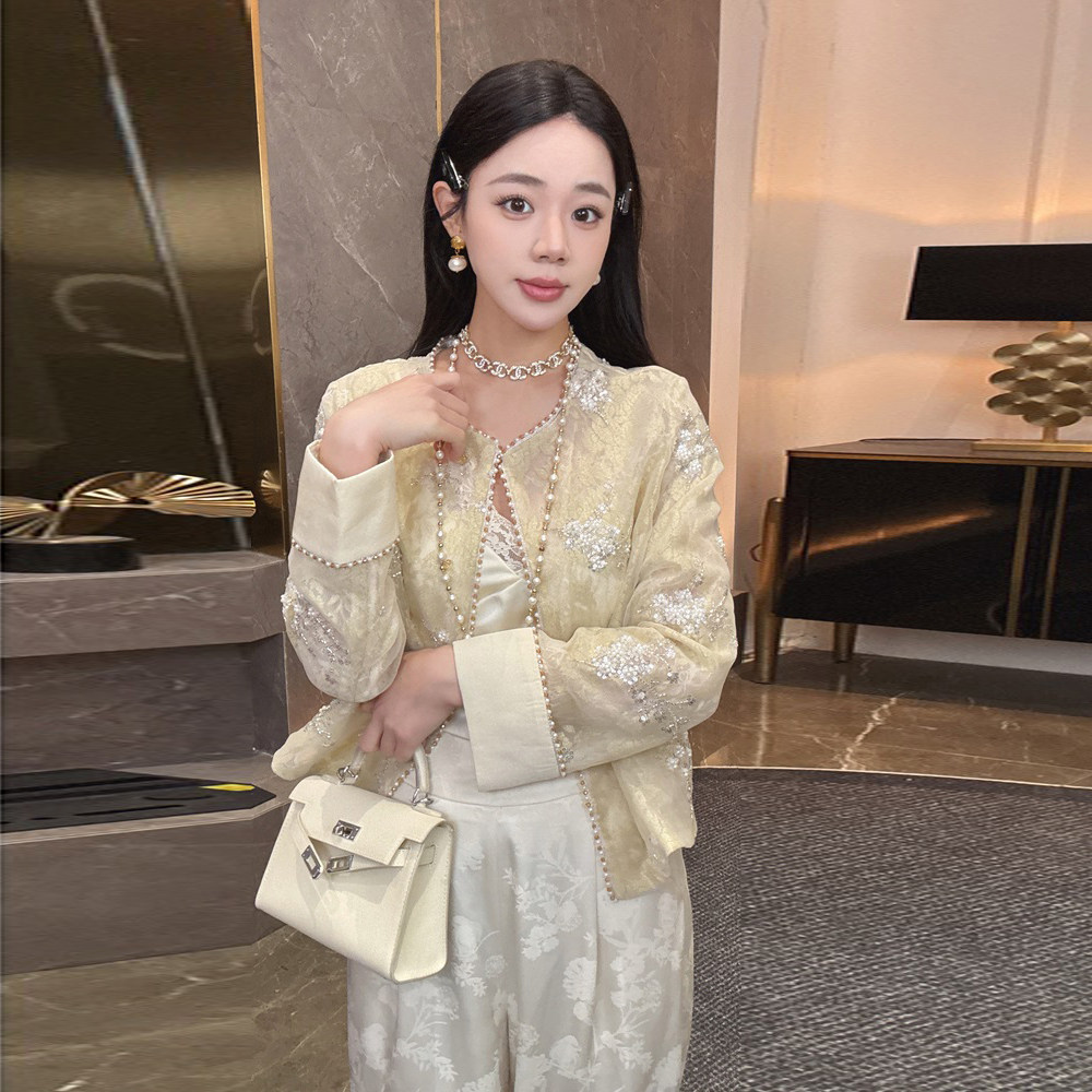 高端黄色新中式欧根纱外套女薄款气质防晒衫年轻重工刺绣国风上衣