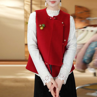 两面穿新中式马甲女冬季新款国风圆领红色拜年服无袖坎肩马夹上衣