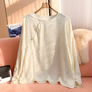 新中式国风提花蕾丝衫上衣女装2026春新款高级感圆领喇叭袖打底衫