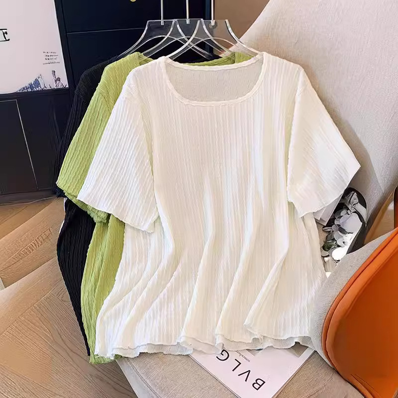 130/300斤大码女装胖MM宽松显瘦斜针提花方领短袖T恤三色入X2649