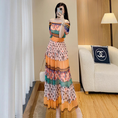 纯欲风性感一字肩网纱连衣裙收腰显高显瘦碎花超仙度假裙子初恋裙