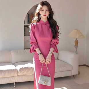 漂亮独特气质长裙子 改良旗袍国风玫红色连衣裙2025春季 新中式 女装