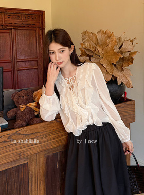 LS 法式氛围感v领荷叶边衬衫 广州十三行2026早春新品女装22938#
