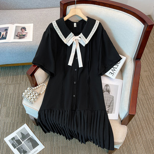 特价清货 厂家实体货源大码女装夏娃娃领系带下摆折皱连衣裙