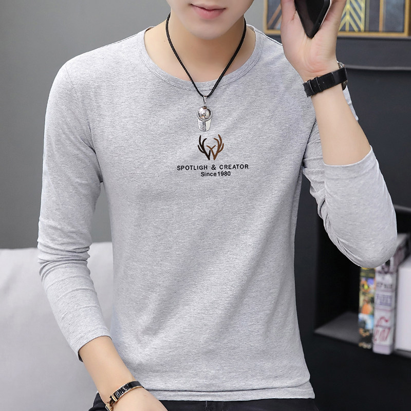 秋季男装t恤青少年超火小众圆领休闲宽松秋衣薄款内搭长袖打底衫