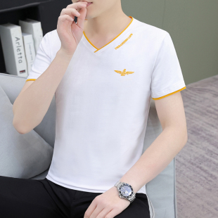 2026新款V领短袖t恤男生百搭潮牌上衣男款小领体恤衫夏季纯棉半袖
