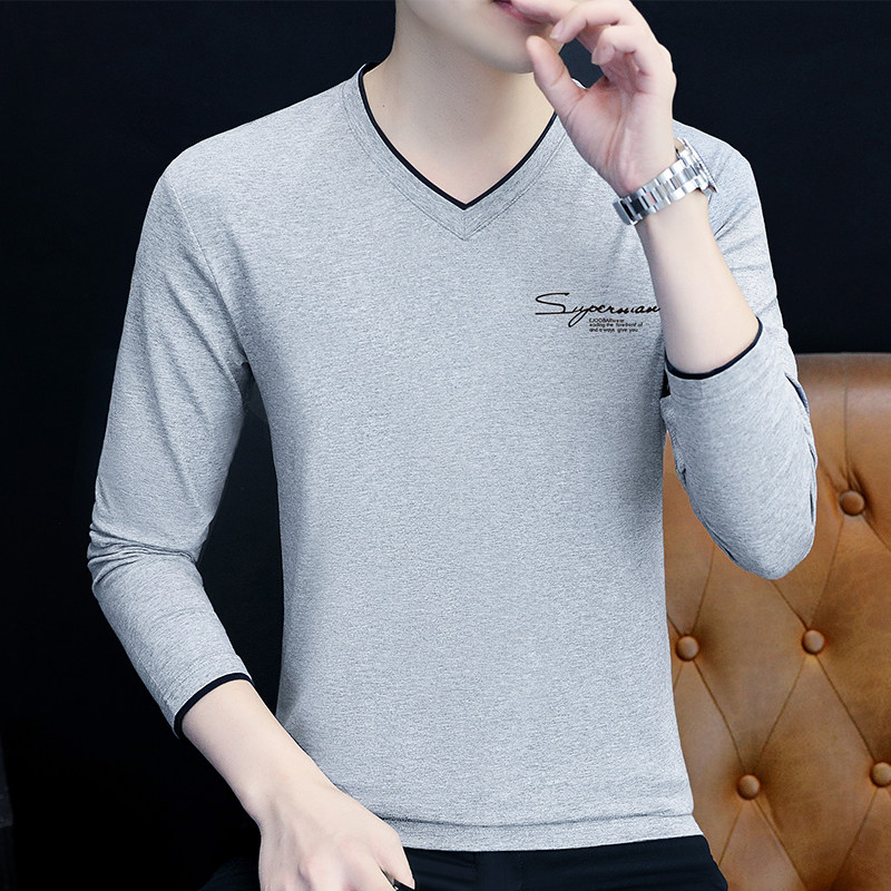 2025年春秋季新款纯棉V领长袖t恤男装修身潮流打底衫男士薄款内衣