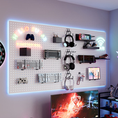 电竞房金属洞洞板置物架黑色墙上电脑桌墙面收纳氛围灯装 饰展示架