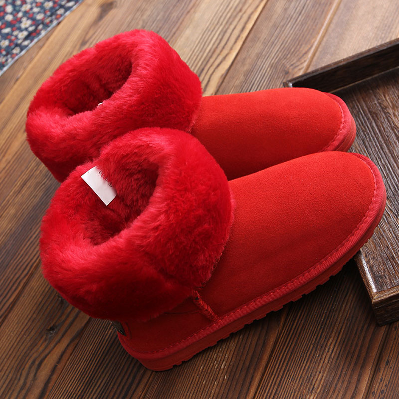 红色短筒防滑平底真皮保暖棉鞋