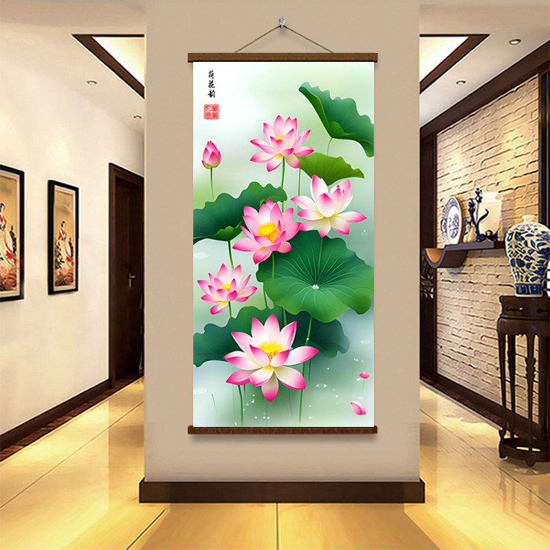装饰画2025新款中式荷花卷轴挂画客厅卧室玄关防水莲花图挂饰壁画,家居饰品,现代装饰画,淘宝优惠券,粉丝福利购,淘宝优惠卷