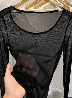 大领口网纱打底衫女长袖透明黑沙性感蕾丝透视薄纱衣白色低领上衣