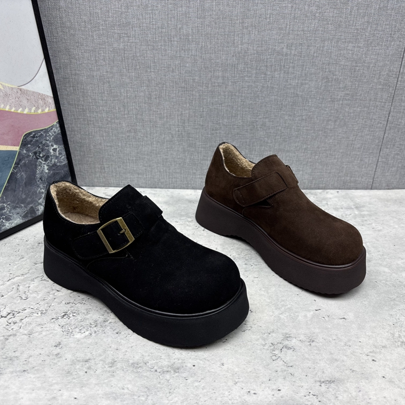 2025撤柜断码秋冬季新款真皮厚底复古深口低帮加绒勃肯鞋女棉鞋