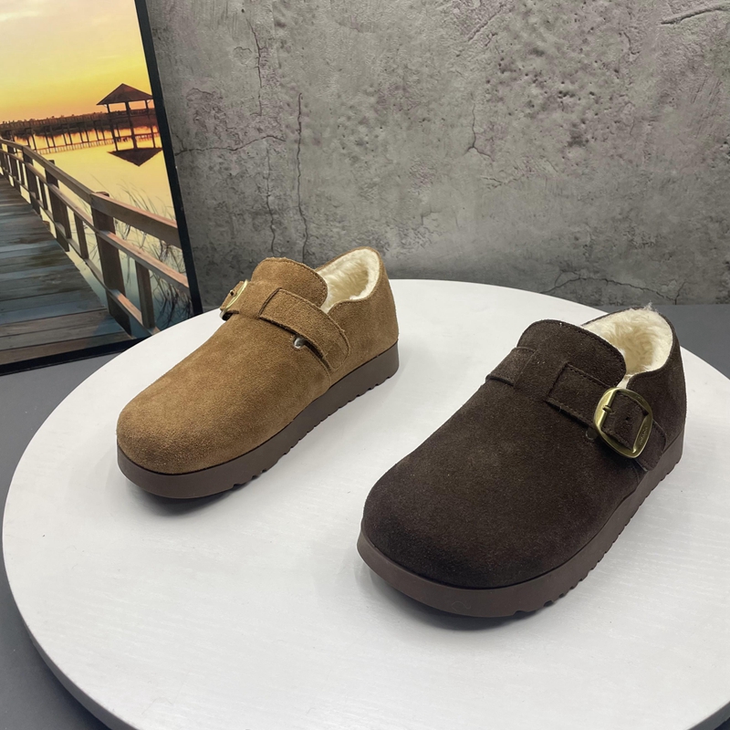 2025撤柜断码秋冬季新款女鞋牛反绒圆头套脚复古勃肯鞋加绒女棉鞋