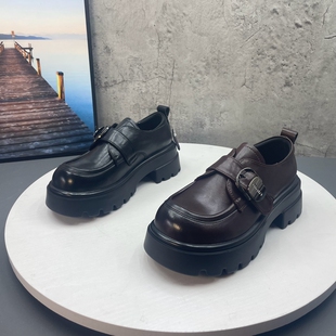 真皮圆头套脚乐福粗跟英伦风深口低帮女单鞋 撤柜断码 新款 2025春季