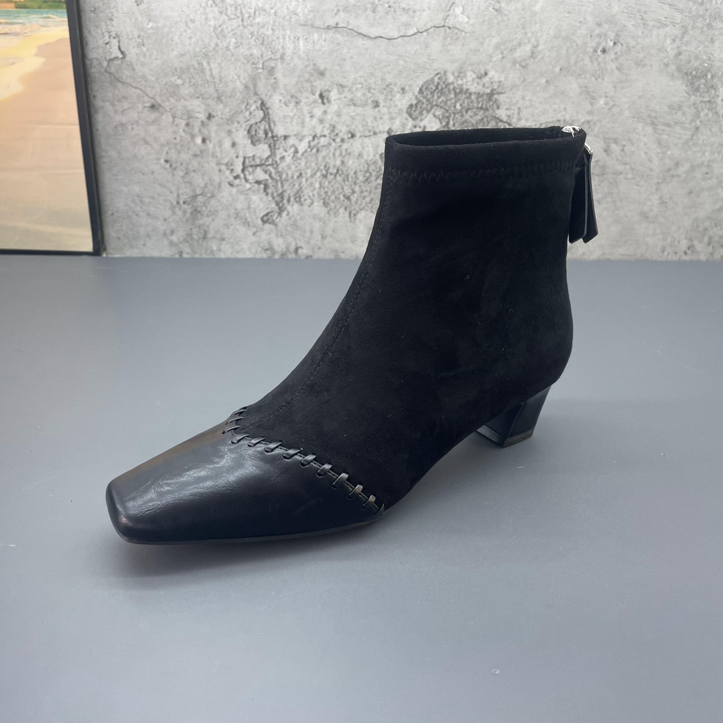 撤柜断码2025秋冬季新款真皮方头后拉链中跟羊皮时尚百搭女短靴,女鞋,时装靴,淘宝优惠券,粉丝福利购,淘宝优惠卷