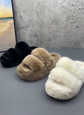 獭兔毛真毛高级感毛质增高拖鞋2024秋新款厚底毛毛拖外穿棉拖鞋女