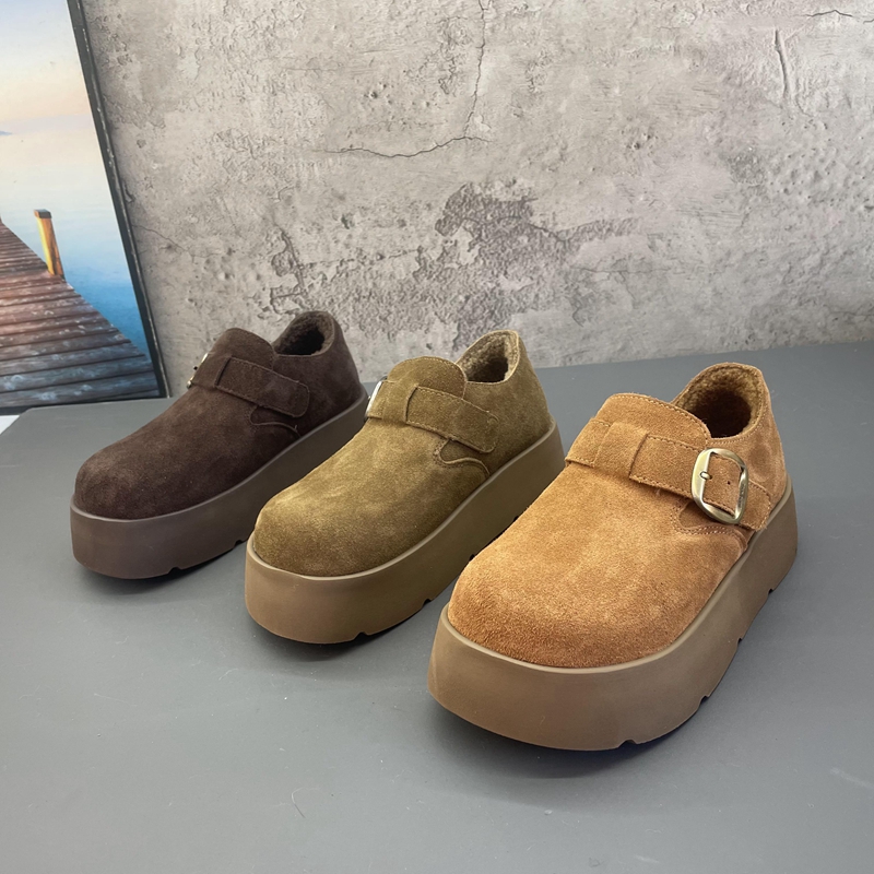 2025撤柜断码秋冬季新款真皮女鞋厚底加绒保暖复古勃肯鞋棉鞋女鞋