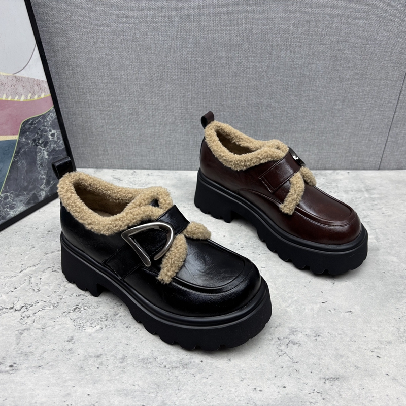 2025秋冬季新款撤柜断码真皮粗跟中跟深口低帮加绒保暖牛皮女单鞋