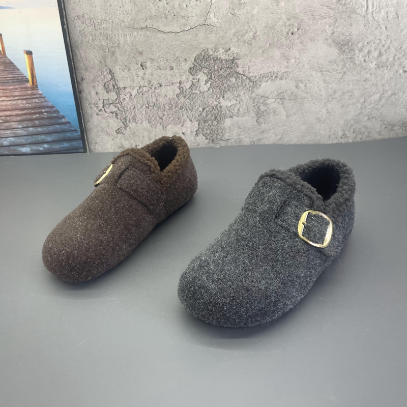 加绒毛呢勃肯鞋女2025秋冬新款保暖一脚蹬金属扣复古休闲乐福棉鞋