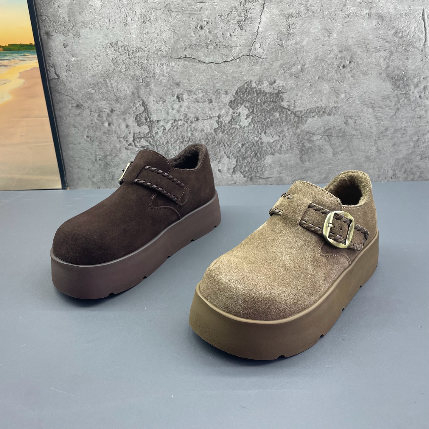 2025撤柜断码秋冬季新款真皮女鞋圆头套脚厚底绒里保暖勃肯鞋棉鞋