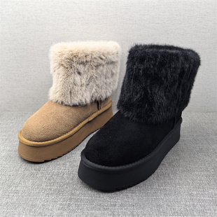 真皮时尚 处理冬季 百搭厚底套筒加绒加厚雪地靴女 撤柜断码 2025新款