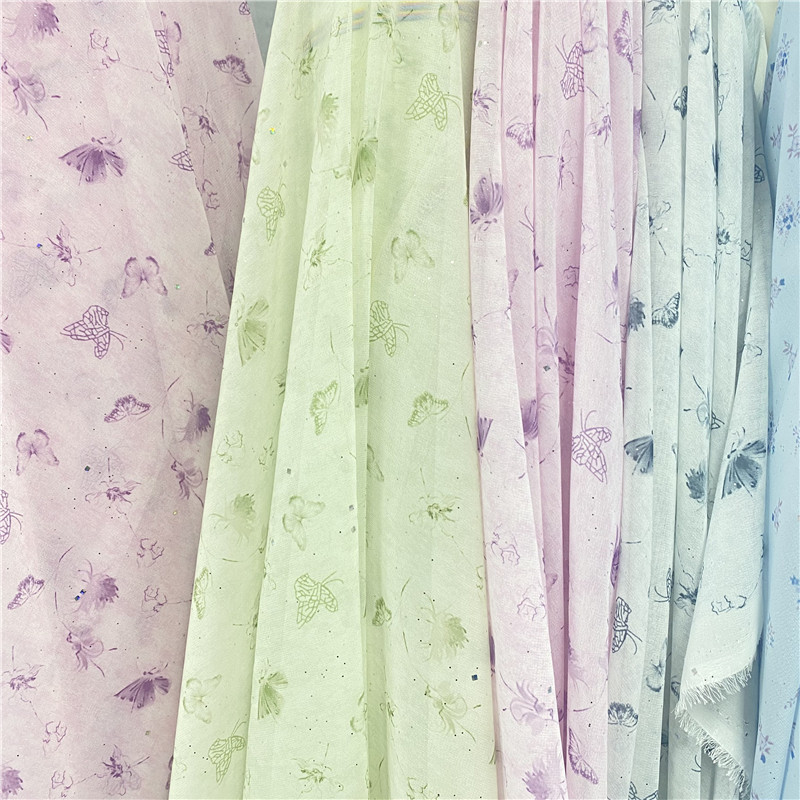 星云纱雪纺撒亮片蝴蝶印花布料做夏季服装防晒服手工饰品飘带面料