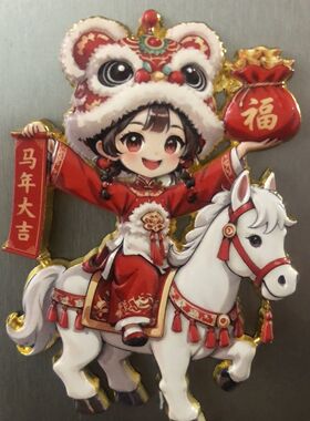 新年娃娃左手福袋右手马年大吉骑白色骏马奔新年的金属冰箱贴礼物
