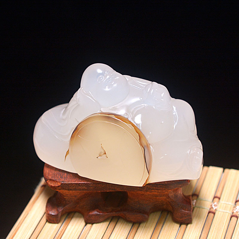 天然海洋玉髓玛瑙原石雕刻卧佛男女士手把玩件弥勒佛禅意压书摆件