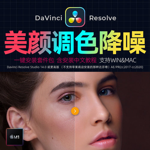 达芬奇Resolve14.0润肤磨皮降噪调色滤镜插件预设M1素材win&mac