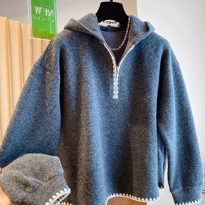 胖妹妹200斤大码设计感花边半拉链连帽卫衣外套女秋冬季加绒加厚