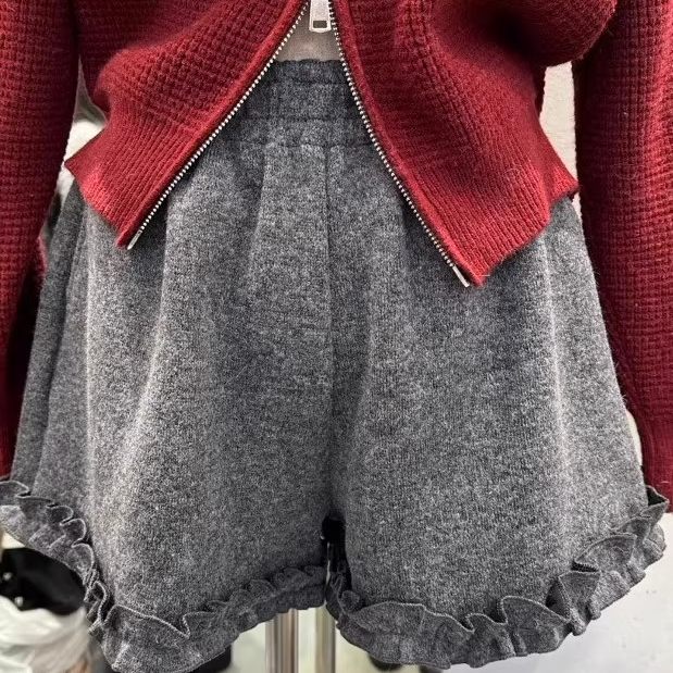 韩国东大门2025秋冬新款松紧高腰木耳边灰色毛呢短裤女外穿休闲裤,女装/女士精品,休闲裤,淘宝优惠券,粉丝福利购,淘宝优惠卷