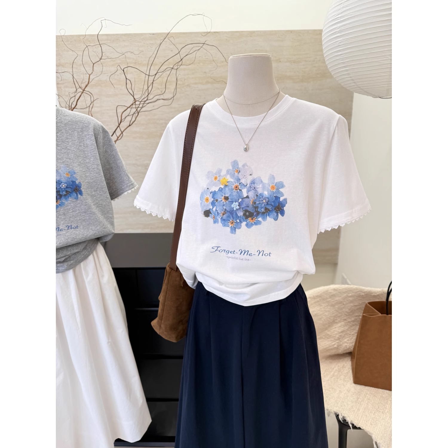 韩系chic蕾丝拼接印花短袖T恤女夏2025新款微胖显瘦休闲正肩上衣