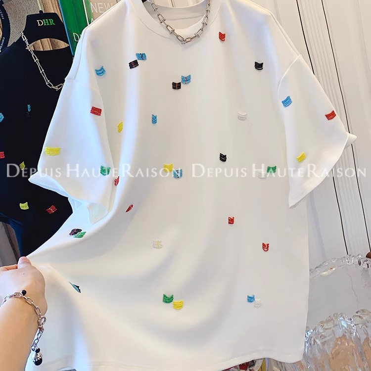 胖妹妹大码设计感小众刺绣半袖T恤上衣女春夏季宽松显瘦遮肉短袖