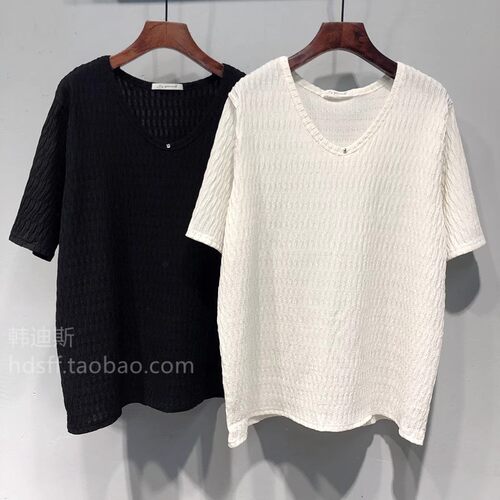 韩国ulzzang新款大码微胖mm夏季v领宽松显瘦百搭肌理感短袖T恤女